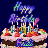 Happy Birthday Heidi GIF: A dark blue birthday gif with a beautiful cake with flickering candles, background sparkles and a name to customize.