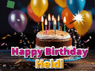 Happy Birthday Heidi GIF: A birthday cake with flickering candles gif with text reading Happy Birthday and a Name slot to customize