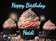 Happy Birthday Heidi GIF: A delicious cupcake gif with animated sparkles reading Happy Birthday with a name to customize
