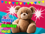 Happy Birthday Heidi GIF: A cute birthday teddy bear animated birthday gif with the bear holding sparklers and text to customize.