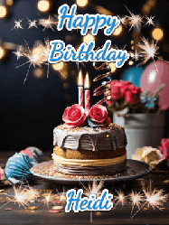 Happy Birthday Heidi GIF: Sparkles and glitter happy birthday gif with a cake and flickering candles and sparklers behind the words happy birthday customize