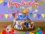 Happy Birthday Heidi GIF: Happy Birthday Cake GIF with a cat, lamb, and squirrel on the cake with flickering candles, a sparkler, and falling confetti. Reads Happy Birthday Name and you can customize the name