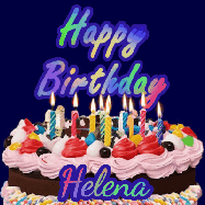 Happy Birthday Helena GIF: A dark blue birthday gif with a beautiful cake with flickering candles, background sparkles and a name to customize.