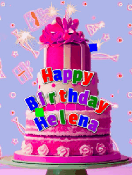 Happy Birthday Helena GIF: A big beautiful birthday cake gif with falling confetti, sparklers, and balloons, reads Happy Birthday Name. Customize it.
