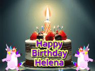 Happy Birthday Helena GIF: An animated gif with 2 unicorns and a birthday candle on a cake.
