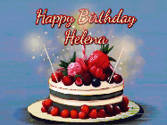 Happy Birthday Helena GIF: Animated GIF of a birthday cake covered in berries with 2 sparklers and a candle, reads Happy Birthday Name. Customize it.