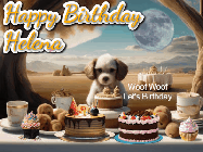 Happy Birthday Helena GIF: Animated birthday gif with a dog at a fancy birthday table loaded with cakes as hearts appear. It reads Happy Birthday Customize.