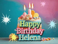 Happy Birthday Helena GIF: A colorful animated Happy Birthday Cake GIF with swirling sparkles and flickering candles. It reads Happy Birthday Name
