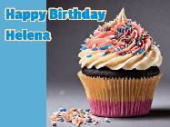 Happy Birthday Helena GIF: Sparkles fly past in this animated birthday gif showing a cupcake and up to 4 lines of birthday gretting to customize.