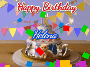 Happy Birthday Helena GIF: Happy Birthday Cake GIF with a cat, lamb, and squirrel on the cake with flickering candles, a sparkler, and falling confetti. Reads Happy Birthday Name and you can customize the name