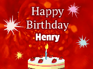 Happy Birthday Henry GIF: A bright red happy birthday gif animated with a cake candle, and glitter and sparkles. Customize with name.