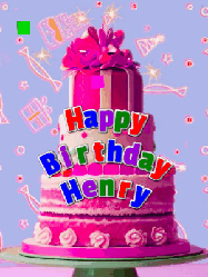 Happy Birthday Henry GIF: A big beautiful birthday cake gif with falling confetti, sparklers, and balloons, reads Happy Birthday Name. Customize it.