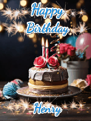 Happy Birthday Henry GIF: Sparkles and glitter happy birthday gif with a cake and flickering candles and sparklers behind the words happy birthday customize