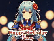Happy Birthday Henry GIF: Anime girl holding a birthday cake and an animated sword falls into it. Text reads Happy Birthday Customize