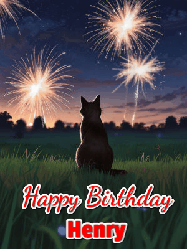 Happy Birthday Henry GIF: An animated gif at night showing the backside of a sitting cat who watches sparkle and fireworks over a meadow. Customize name and happy birthday.
