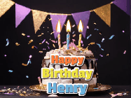 Happy Birthday Henry GIF: Happy birthday cake animated gif with flickering candles, animated text, and falling confetti. Customize text reading Happy Birthday Customize.