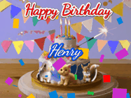 Happy Birthday Henry GIF: Happy Birthday Cake GIF with a cat, lamb, and squirrel on the cake with flickering candles, a sparkler, and falling confetti. Reads Happy Birthday Name and you can customize the name