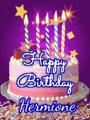 Happy Birthday Hermione GIF: Happy birthday animated gif of a brightly lit birthday cake, birthday candles, and falling confetti. Customize name.