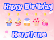 Happy Birthday Hermione GIF: Pink animated birthday gif with 5 cupcakes and candles and animated text you can customize with name.
