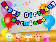Happy Birthday Hermione GIF: Animated happy birthday gif with a party balloon background, a row of cupcakes, and birthday banner to customize.
