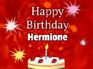 Happy Birthday Hermione GIF: A bright red happy birthday gif animated with a cake candle, and glitter and sparkles. Customize with name.