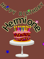 Happy Birthday Hermione GIF: Animated birthday gif of a chocolate cartoon cake and stars. Animated text can be customized with name.