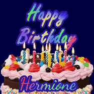 Happy Birthday Hermione GIF: A dark blue birthday gif with a beautiful cake with flickering candles, background sparkles and a name to customize.