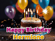 Happy Birthday Hermione GIF: A birthday cake with flickering candles gif with text reading Happy Birthday and a Name slot to customize