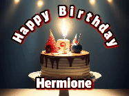 Happy Birthday Hermione GIF: Animated happy birthday gif with a cake and flickering candles with colorful falling confetti and text reading Happy Birthday