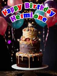 Happy Birthday Hermione GIF: Beautiful birthday cake animated gif, a celebration of balloons, confetti, and sparklers. Customize banner and name.