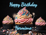 Happy Birthday Hermione GIF: A delicious cupcake gif with animated sparkles reading Happy Birthday with a name to customize