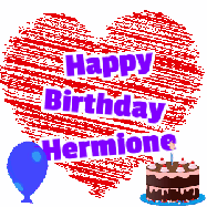 Happy Birthday Hermione GIF: Animated birthday gif with a big scribbled animated heart with a balloon, birthday cake, and text to customize.