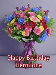 Happy Birthday Hermione GIF: A beautiful animated birthday gif with a bouquet of flowers and animated hearts reading Happy Birthday Customize