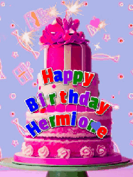 Happy Birthday Hermione GIF: A big beautiful birthday cake gif with falling confetti, sparklers, and balloons, reads Happy Birthday Name. Customize it.