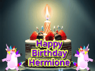 Happy Birthday Hermione GIF: An animated gif with 2 unicorns and a birthday candle on a cake.