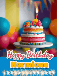 Happy Birthday Hermione GIF: A birthday card gif with a cake and candle and a blue ribbon with animated sparklers. Reads Happy Birthday Name