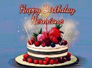 Happy Birthday Hermione GIF: Animated GIF of a birthday cake covered in berries with 2 sparklers and a candle, reads Happy Birthday Name. Customize it.