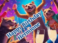 Happy Birthday Hermione GIF: Happy Birthday GIF depicting a mongoose party with animated fireworks, sparkles and champagne. Reads Happy Birthday Name. Customize it.