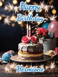 Happy Birthday Hermione GIF: Sparkles and glitter happy birthday gif with a cake and flickering candles and sparklers behind the words happy birthday customize
