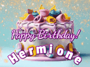 Happy Birthday Hermione GIF: A beautiful birthday cake gif with animated sparkles and glitter Happy Birthday Name you can customize
