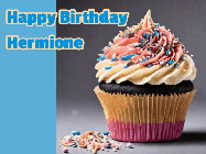 Happy Birthday Hermione GIF: Sparkles fly past in this animated birthday gif showing a cupcake and up to 4 lines of birthday gretting to customize.