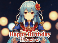 Happy Birthday Hermione GIF: Anime girl holding a birthday cake and an animated sword falls into it. Text reads Happy Birthday Customize