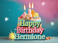Happy Birthday Hermione GIF: A colorful animated Happy Birthday Cake GIF with swirling sparkles and flickering candles. It reads Happy Birthday Name