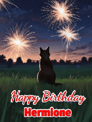 Happy Birthday Hermione GIF: An animated gif at night showing the backside of a sitting cat who watches sparkle and fireworks over a meadow. Customize name and happy birthday.