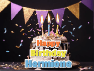 Happy Birthday Hermione GIF: Happy birthday cake animated gif with flickering candles, animated text, and falling confetti. Customize text reading Happy Birthday Customize.