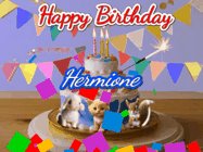 Happy Birthday Hermione GIF: Happy Birthday Cake GIF with a cat, lamb, and squirrel on the cake with flickering candles, a sparkler, and falling confetti. Reads Happy Birthday Name and you can customize the name