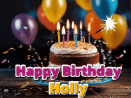 Happy Birthday Holly GIF: A birthday cake with flickering candles gif with text reading Happy Birthday and a Name slot to customize