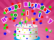 Happy Birthday Holly GIF: A polite looking rabbit with a wiggling tails delivers a birthday gift. Customize the message and name.