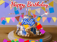 Happy Birthday Holly GIF: Happy Birthday Cake GIF with a cat, lamb, and squirrel on the cake with flickering candles, a sparkler, and falling confetti. Reads Happy Birthday Name and you can customize the name