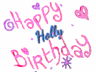 Happy Birthday Holly GIF: Beautiful flower birthday gif of a cute bird visiting a birthday message with animated musical notes and a name you customize.